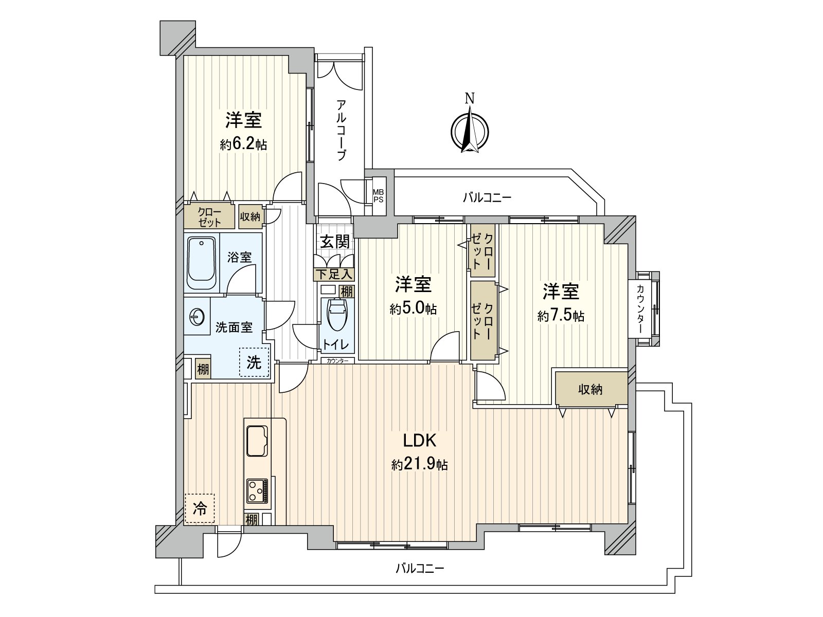 It is a room of the 3LDK Facing South. In LDK which is about 21.9 quires, warm sunlight comes in through terrace of the south side.