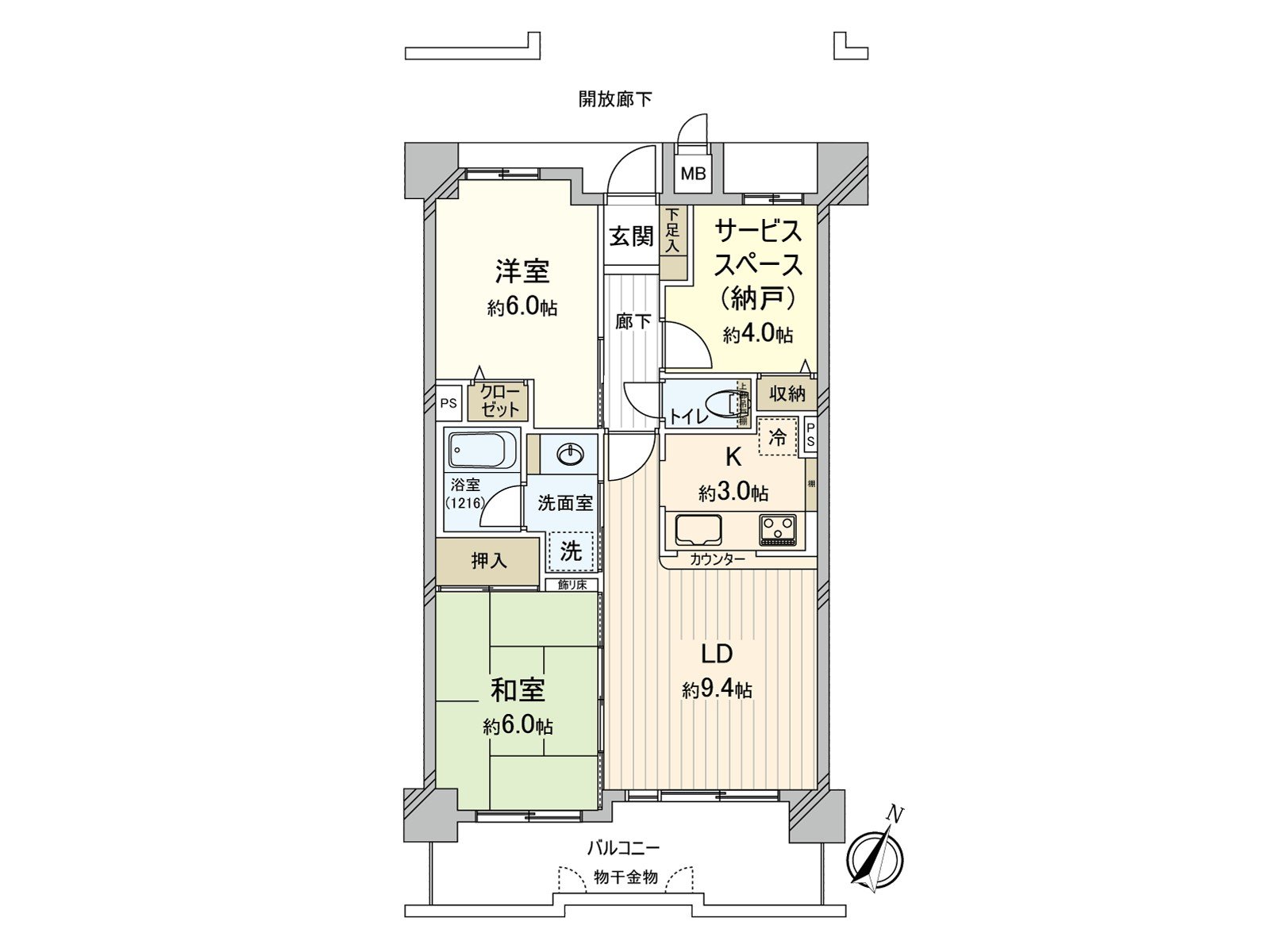 適合3樓部分東南的2SLDK※S ‧ 非居室是作為儲藏室的私人使用面積：61.36平方公尺(約18.56坪)