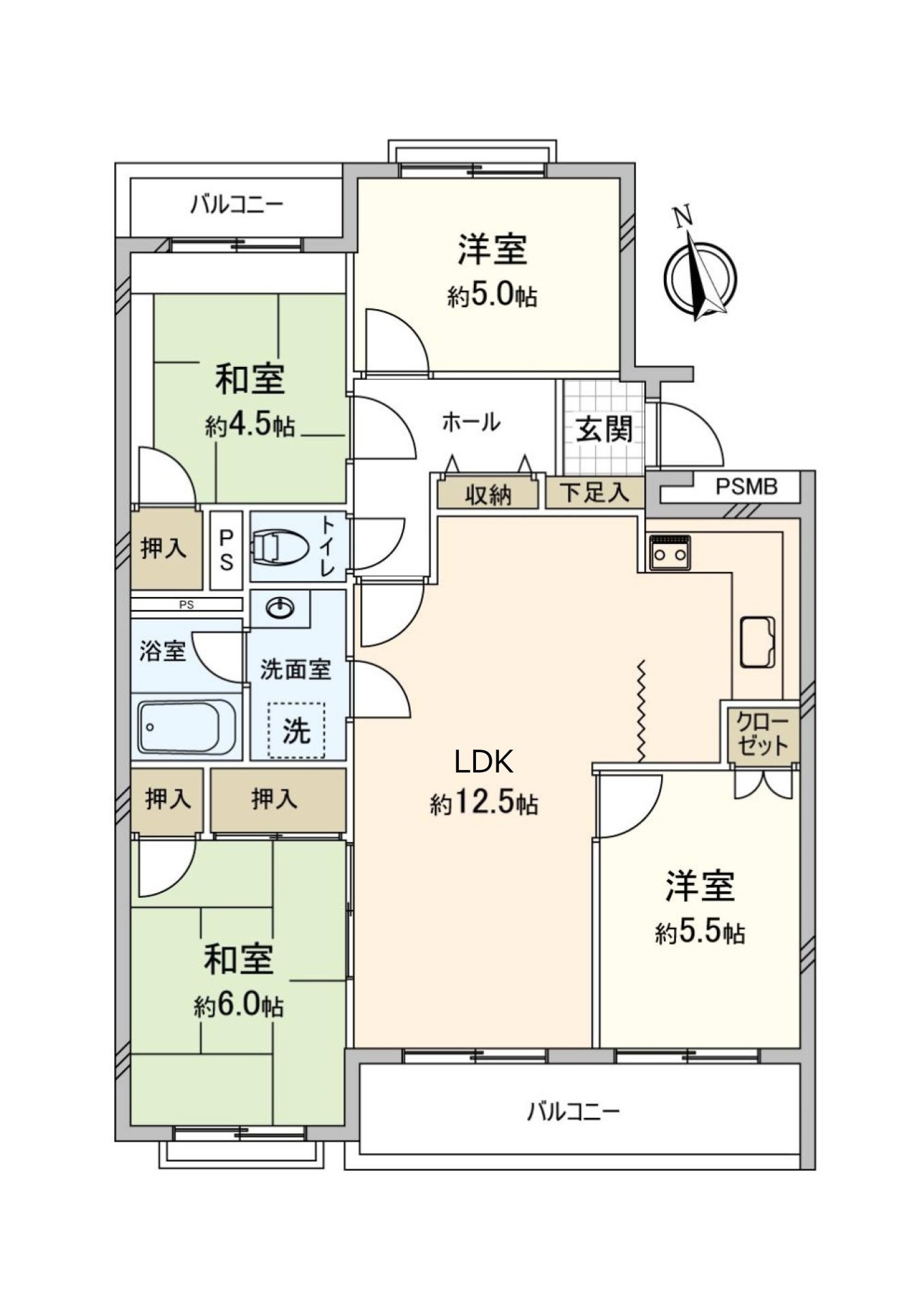 [平面圖]朝南的4LDK。兩個和式房間有壁櫥。