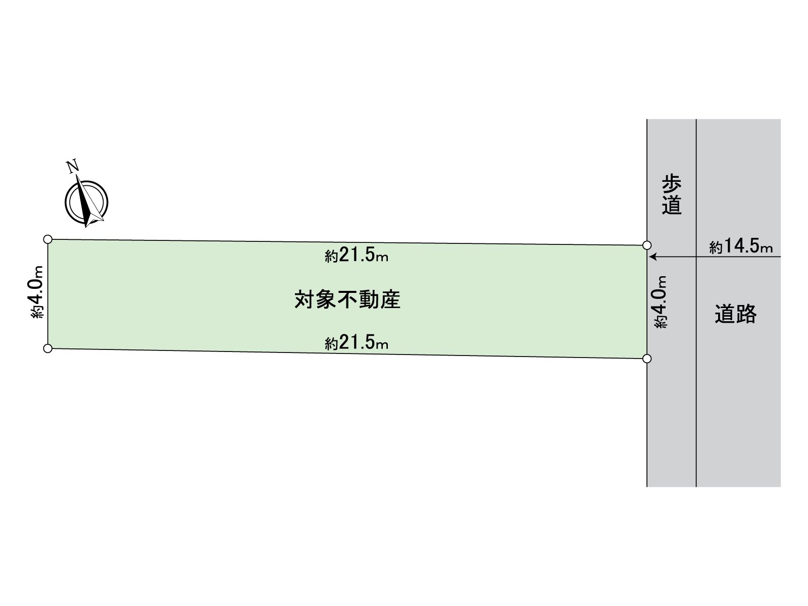 是表示用地全体的形状的区划图。能确认与邻地的距离感以及接壤道路情况。