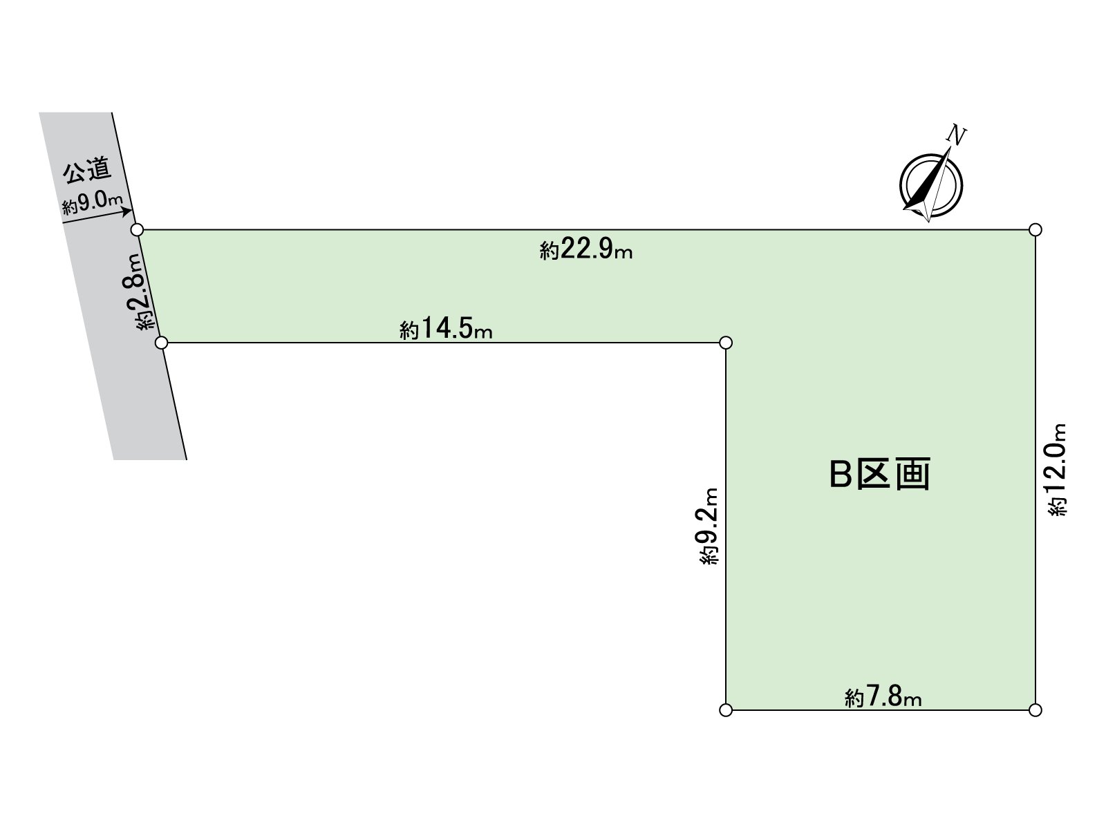 是區劃圖。從公路一側通過寬2.8m的正面寬度，大的B區劃被深度安置。