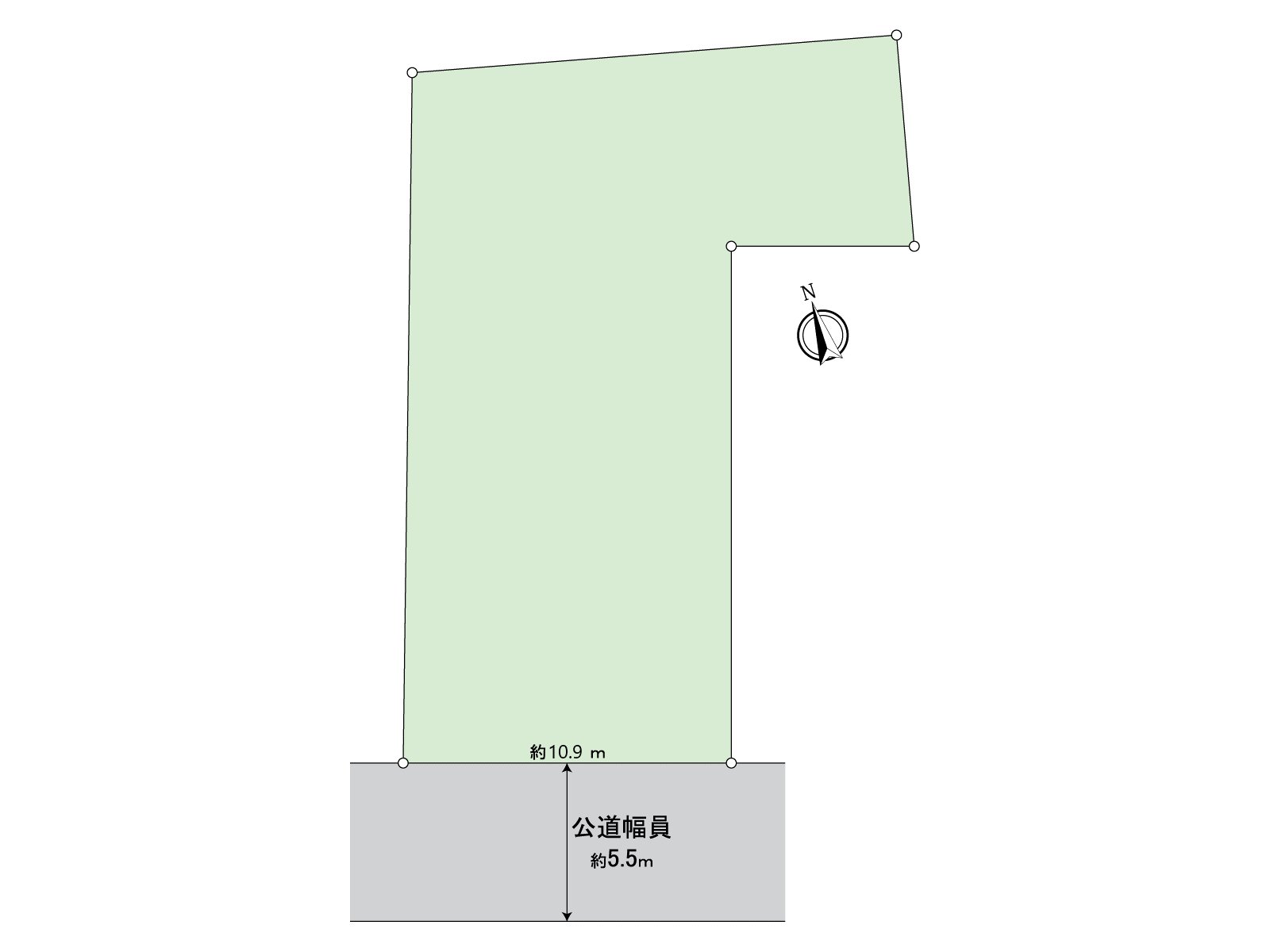 是表示用地全體的形狀的區劃圖。能確認接壤道路情況。土地面積：約91.86坪朝南西一方面道路。前面道路幅員：約5.5m接道間口：約10.9m