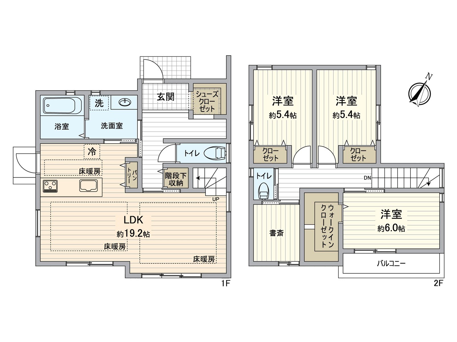 [房型图]LDK，三个西式房间是2面采光。步入式衣帽间·步入式鞋柜等的存储空间也充实。