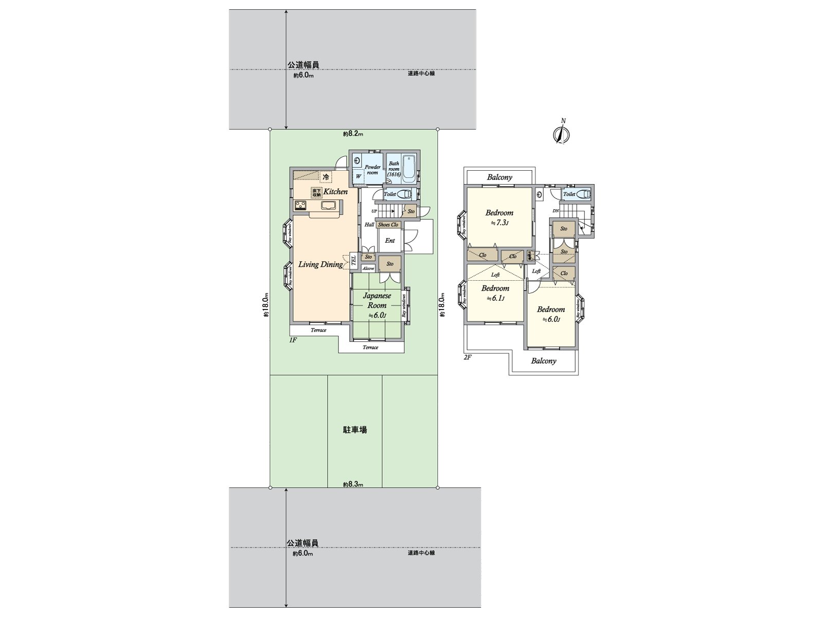 It is the floor plan which showed a layout of the whole Properties. As for the 1st, extensive living and dining room and Japanese-style room are adjacent, and a kitchen and the place equipped with a water supply are located effectively, too. In the 2nd floor Western-style room, terrace and storage space are secured each.