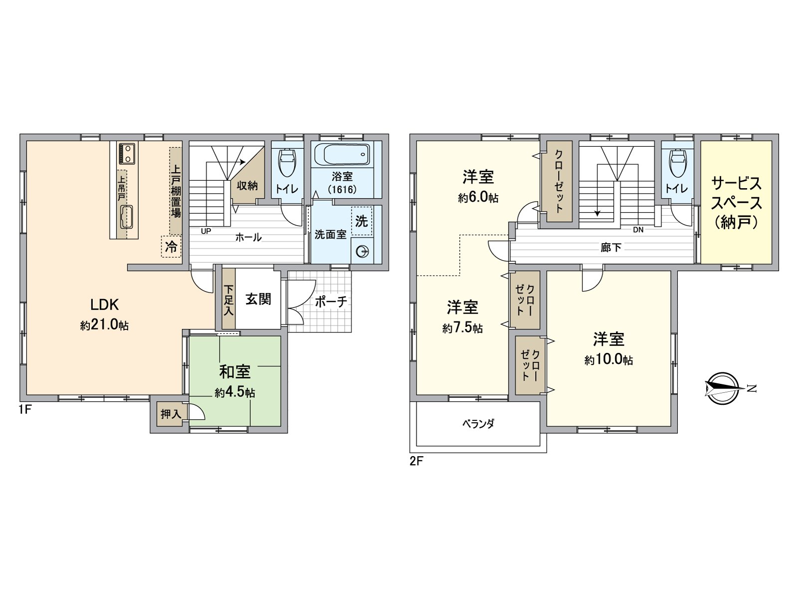 約21.0張塌塌米64.80平方公尺的4SLDK(S作為儲藏室)LDK，LDK 1F，64.80平方公尺，2F是南、東、西的第三版采光
