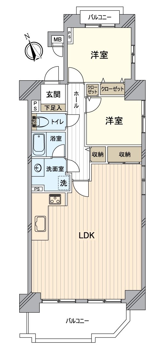 是表示全体房源的版面设计的房型图。对流迹线以及采光具有参考作用。有宽敞的LDK北东面，南东面，西南一侧的第三版采光。