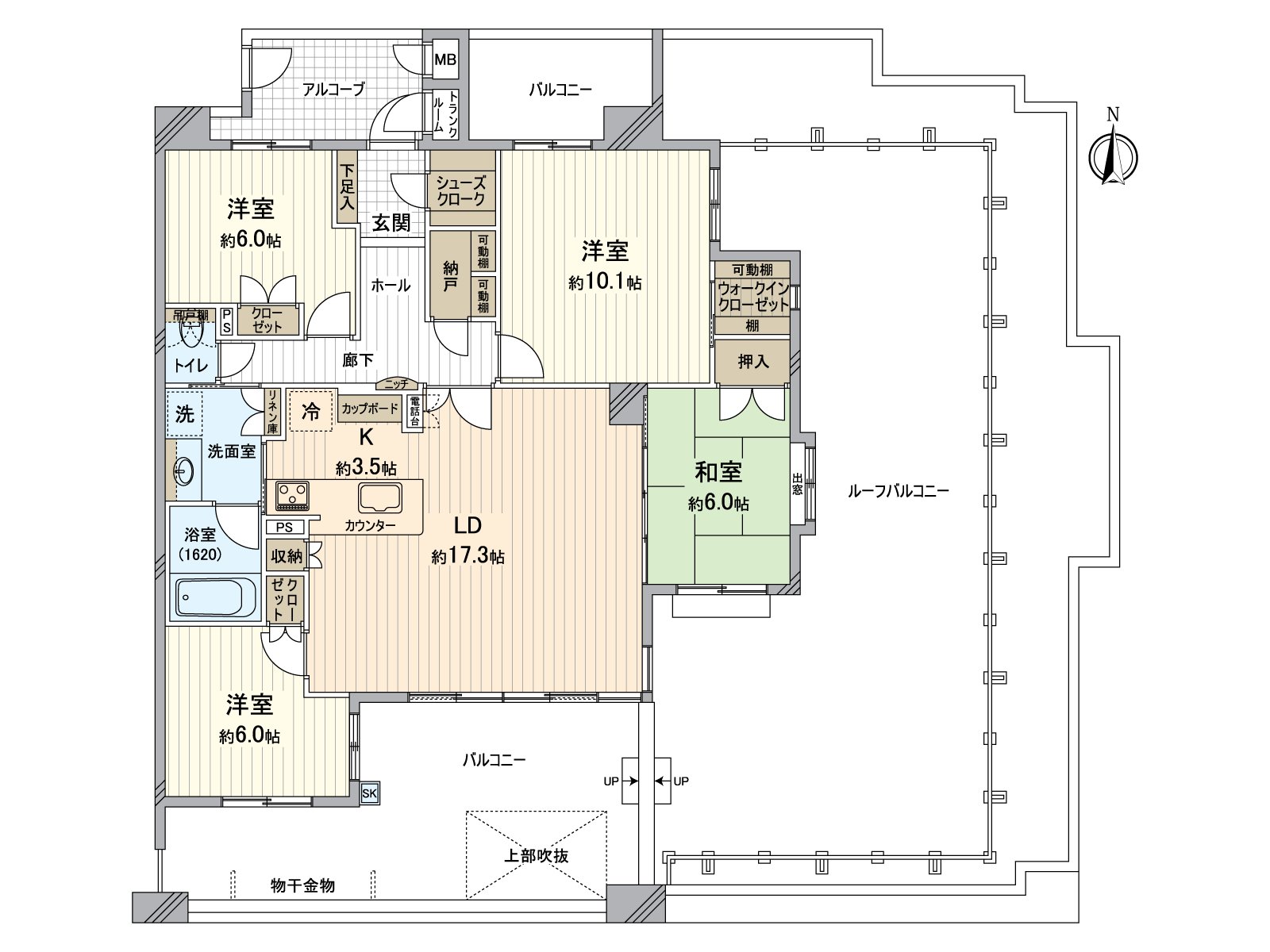 It is Southeast corner unit of 4LDK. There is three terrace and is the Plan with the feeling of freedom that exposure to the sun, ventilation, lighting has good.