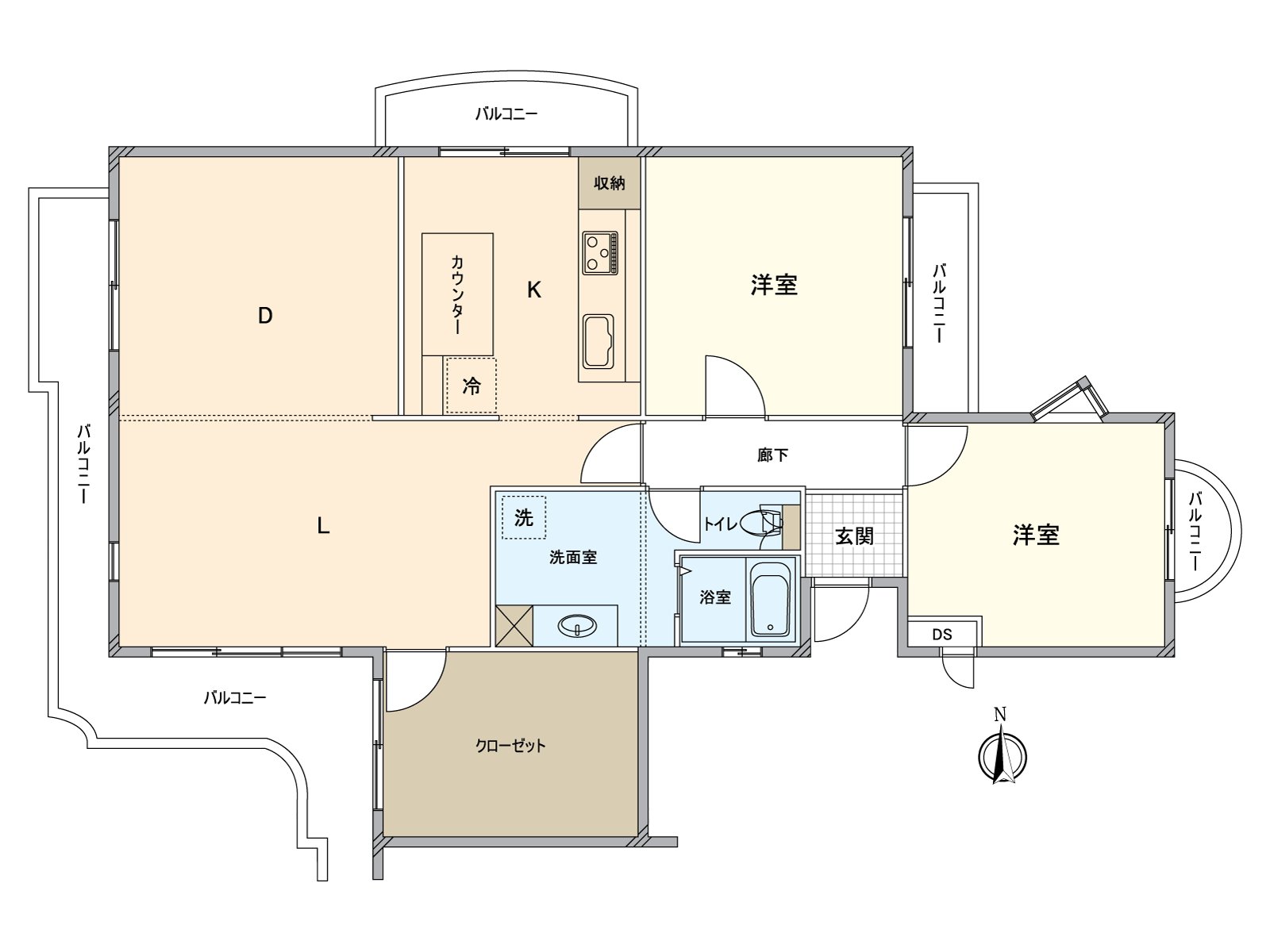 是2LDK的朝南西的住戸。有全盤陽台，是有作為通風、采光良好度的解放感的房型。