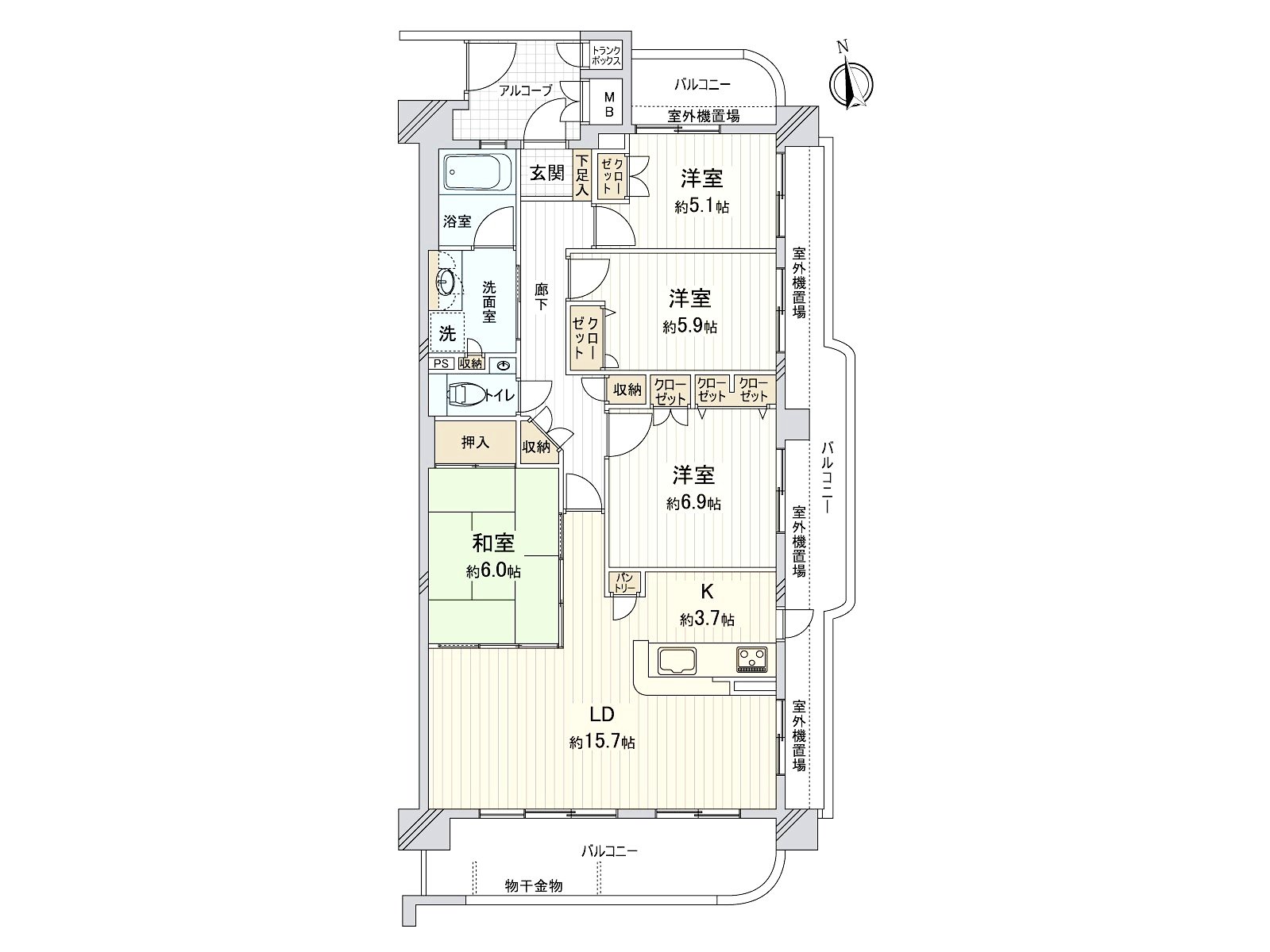 [floor plan] It is 4LDK of the southeast corner unit of LDK about 19.4 quires. Storage space is satisfying. An LD part has floor heating.