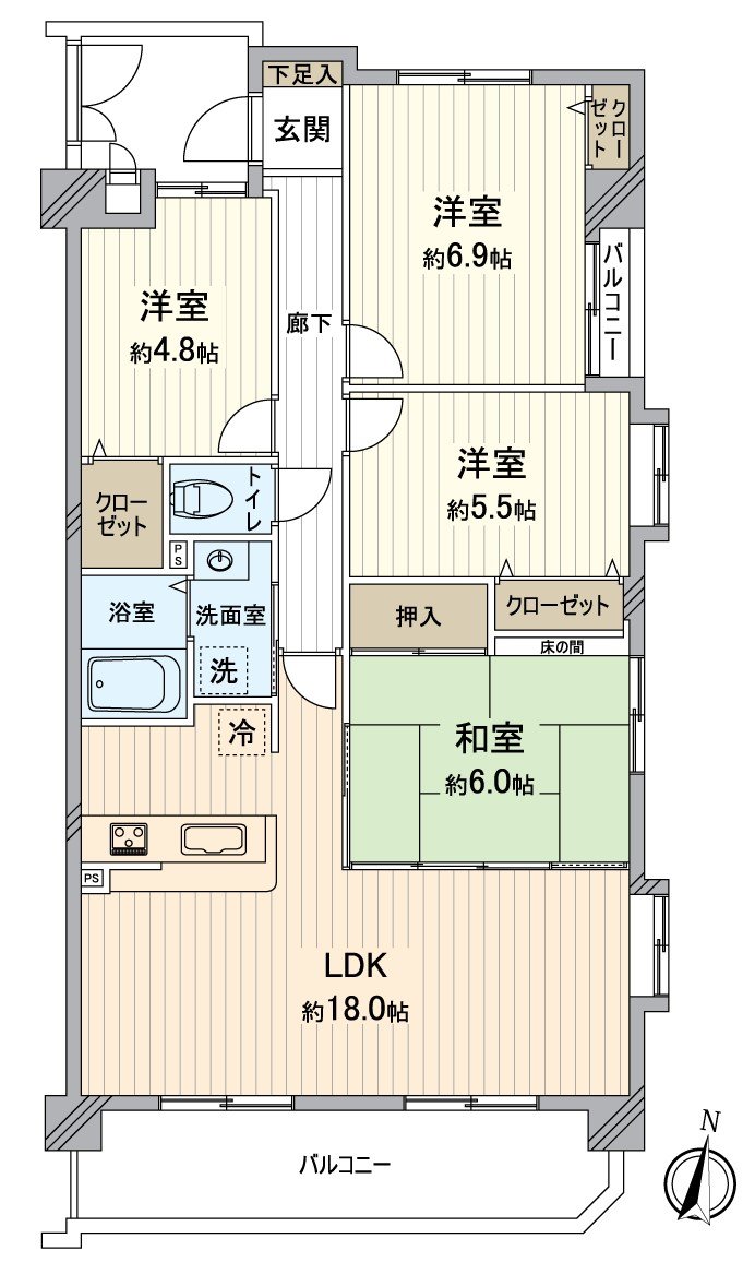 是4LDK的東南採光房。在6樓部分有南向曝光面陽台，是有陽光、通風、風景良好的解放感的房型。