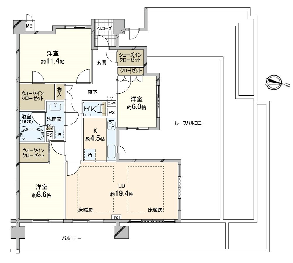 被分售时候4LDK改为3LDK。每实际使用面积约116平米，能支持所有生活方式。