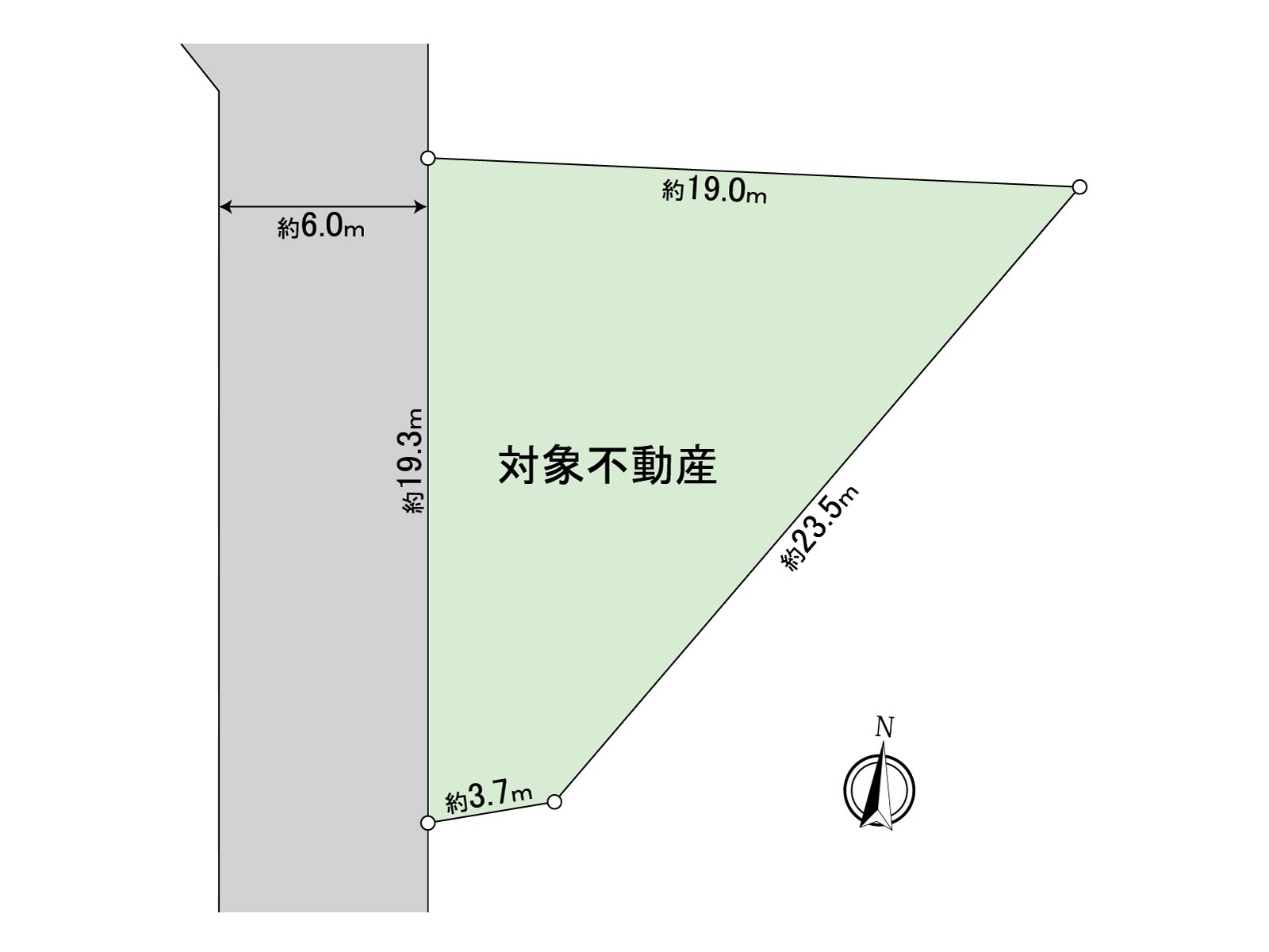 [地形圖]道路幅員：約6.0m，正面寬度：是約19.3m的土地。