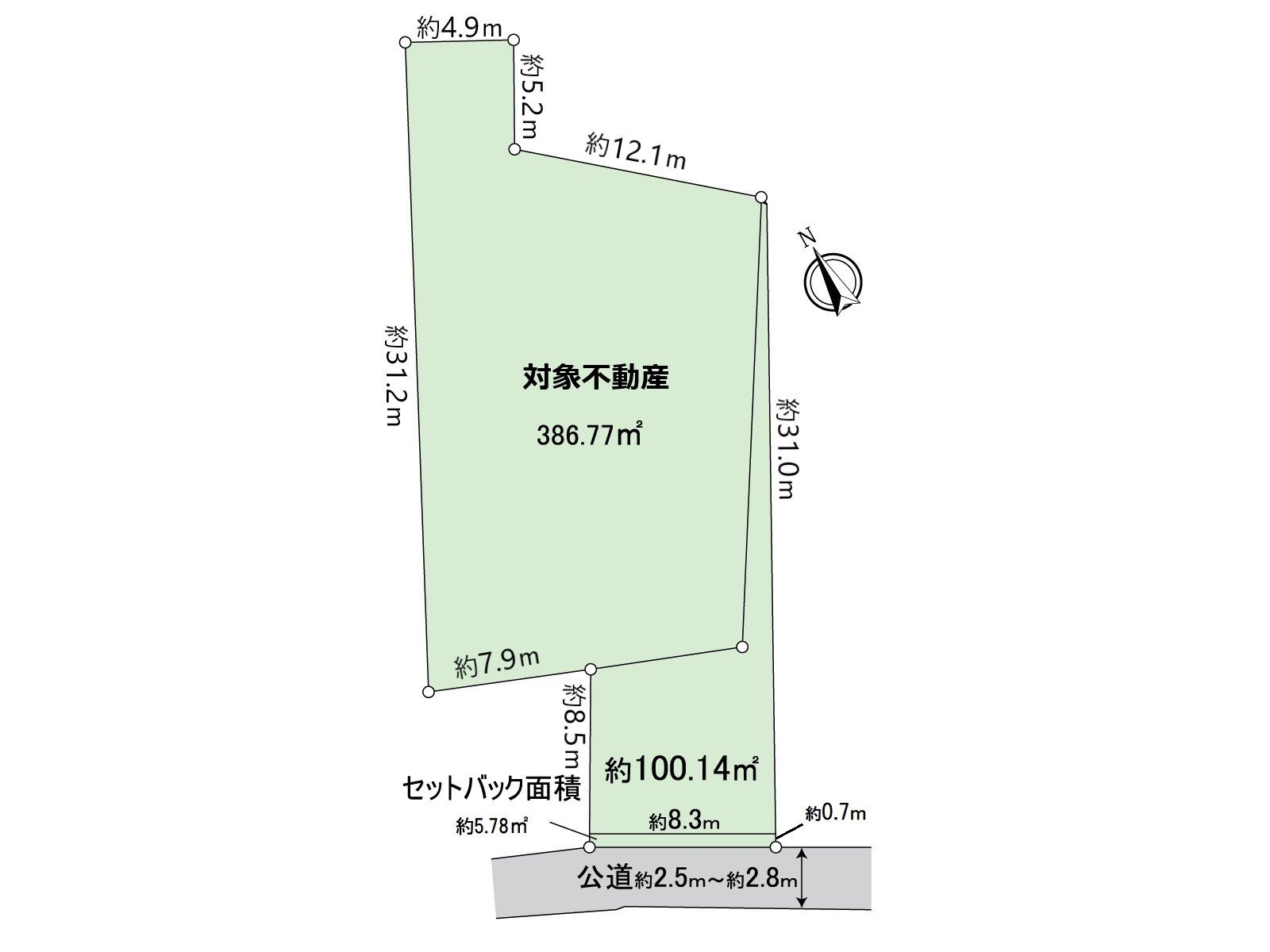 [地形圖]土地面積：486.91平方公尺(約147.29坪)※包括建築義務道路退縮約5.78平方公尺在內的正面寬度：約8.3m