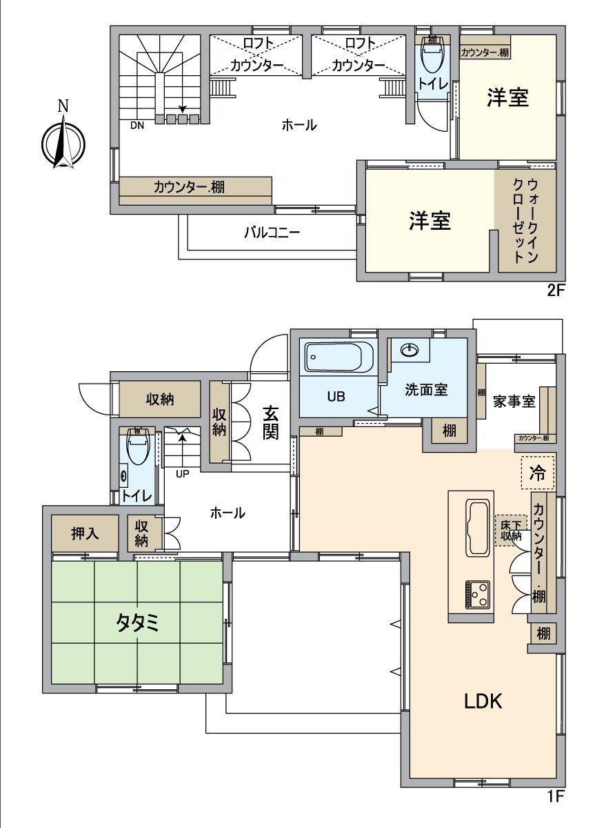 [房型图]孩子的私人的空间，柜台·阁楼2个地方，步入式衣帽间等的存储空间丰富。