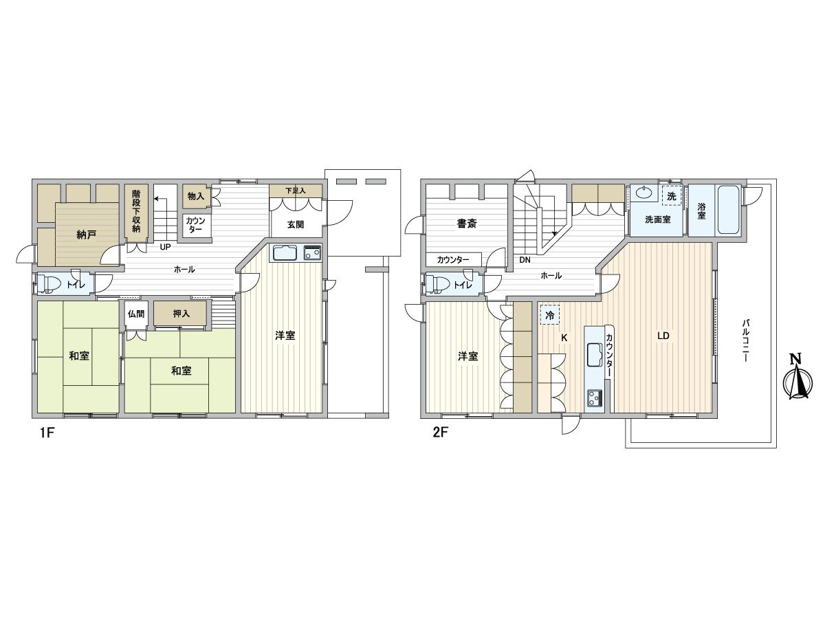 [房型图]5SLDK的房型，主要的客厅是2楼，但是也在1楼西式房间设置小厨房。2楼的生活阳光充足，并且也能从房间享用眼下展开的马林View。