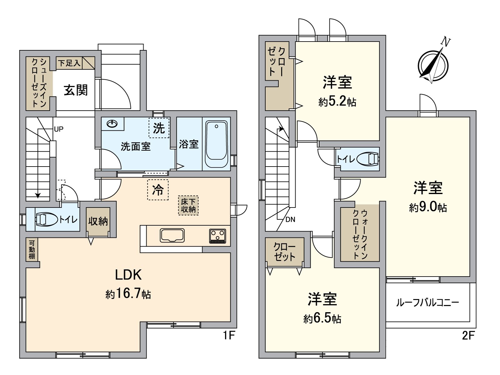 [平面圖]LDK和水周圍在1樓被解決的好用的房型。2樓擁有三個包廂，能根據家族的成長分別使用。