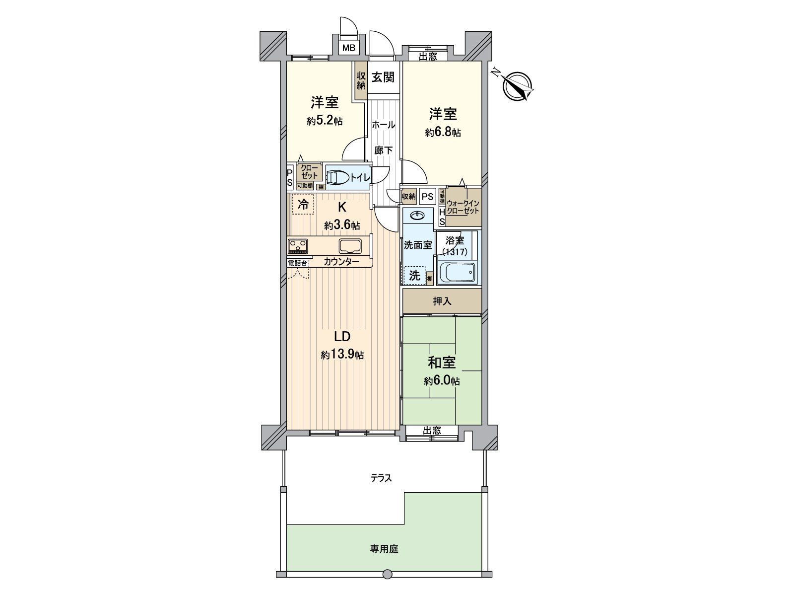 [房型图]是有专用不在意到楼下的生活声音，能渡过的1楼部分，院子的3LDK的房型。