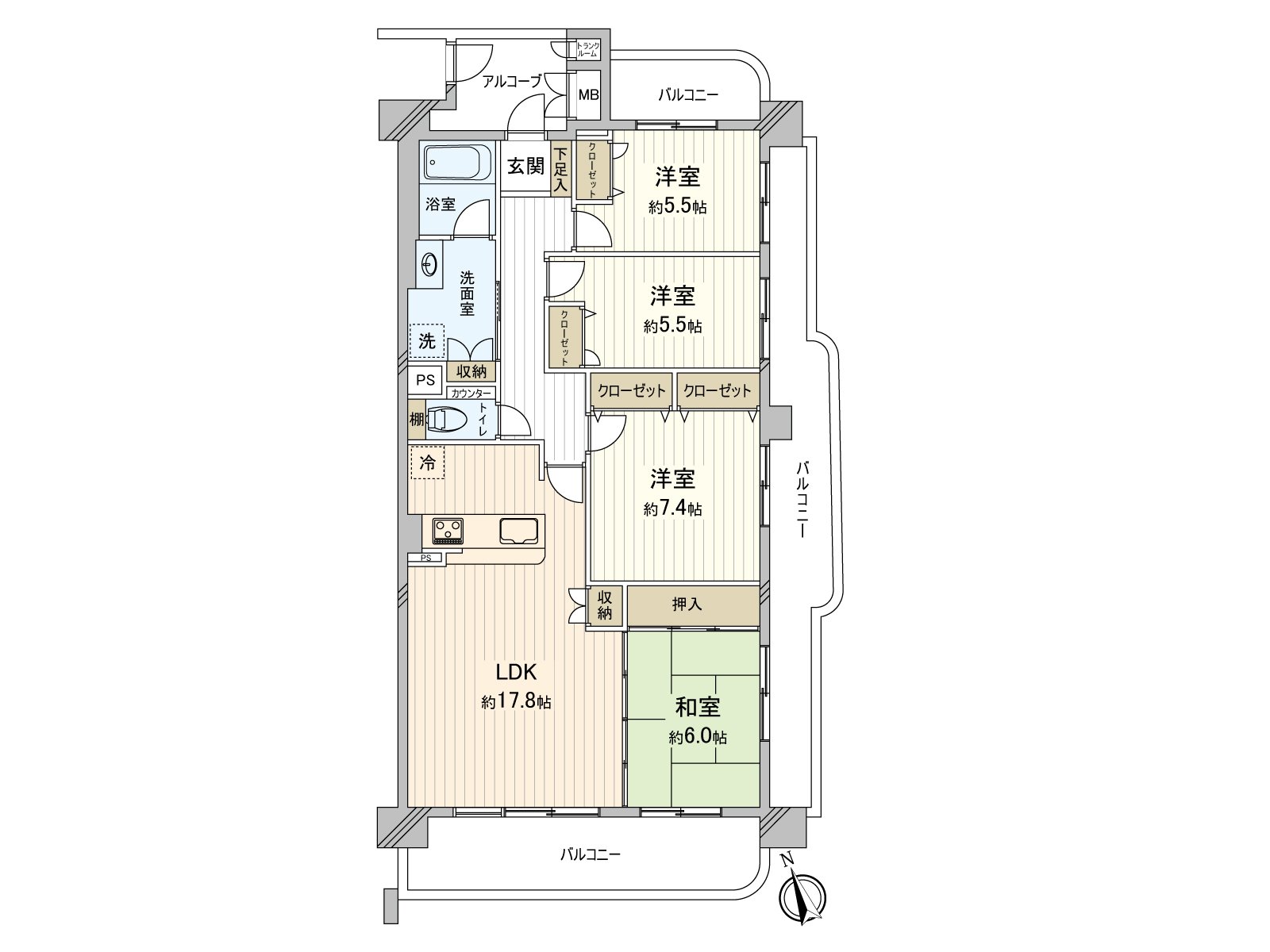 [房型图]房间的建设的宽度扩展到的4LDK。LDK是宽敞的约17.8张塌塌米。