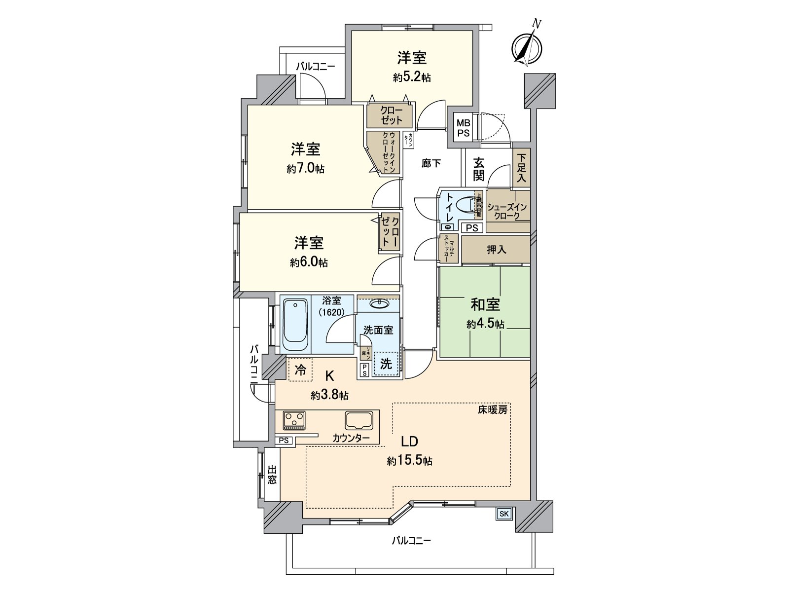 [房型图]采光房、4LDK的房型。步入式衣帽间·maruchisutokka是收纳充实。