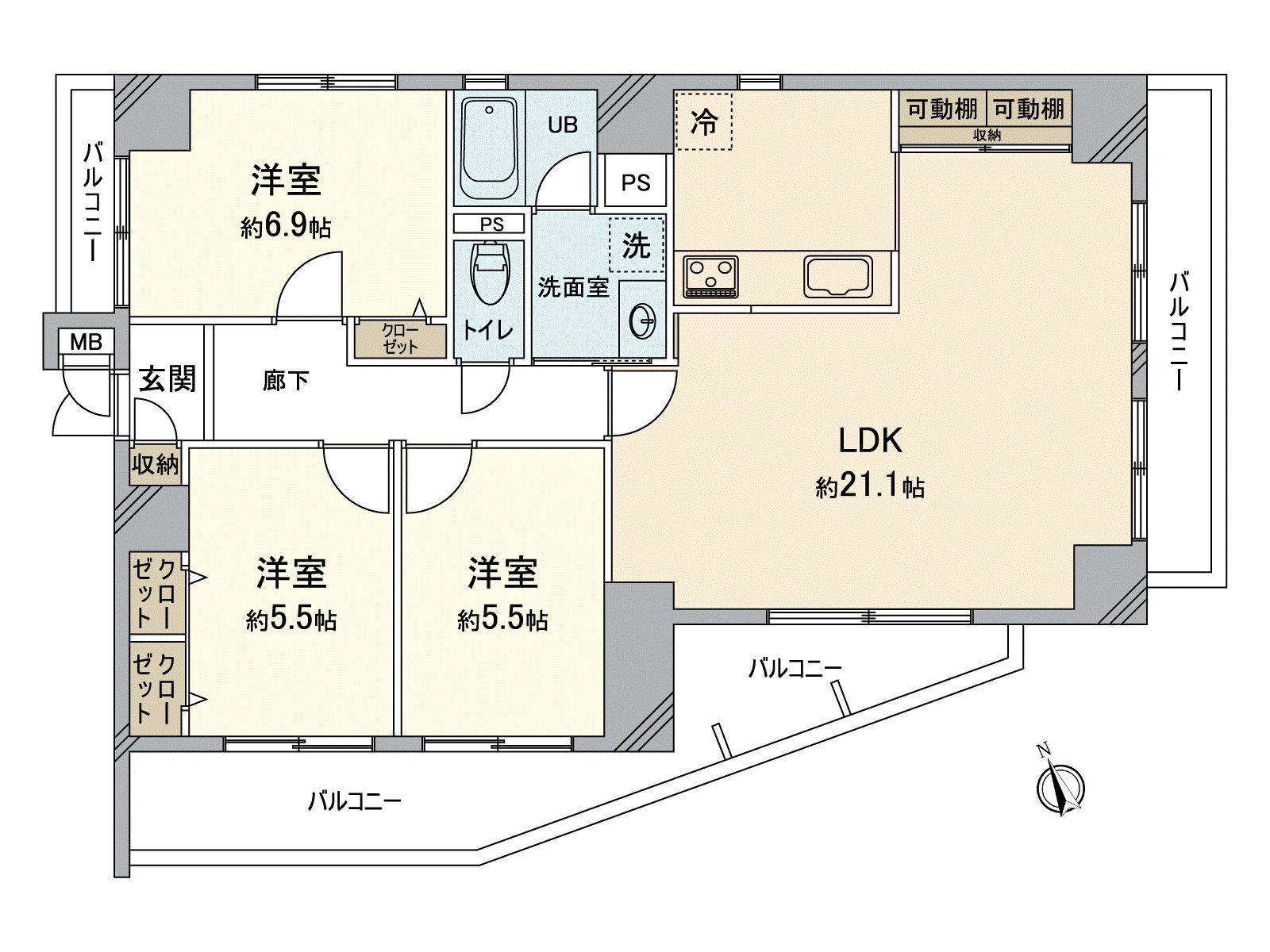 [floor plan] LDK about 21.1 quires. It is corner unit with three terrace.
