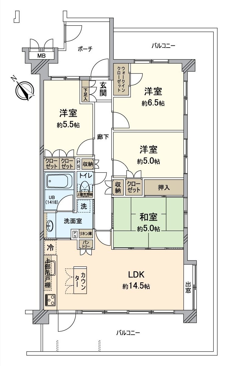 [平面圖/4LDK]2024年8月新翻修(在全居室Cross換貼，廁所、洗手間靠墊層張替，走廊、客餐廳、廚房、西式房間層瓷磚上張貼，其他)