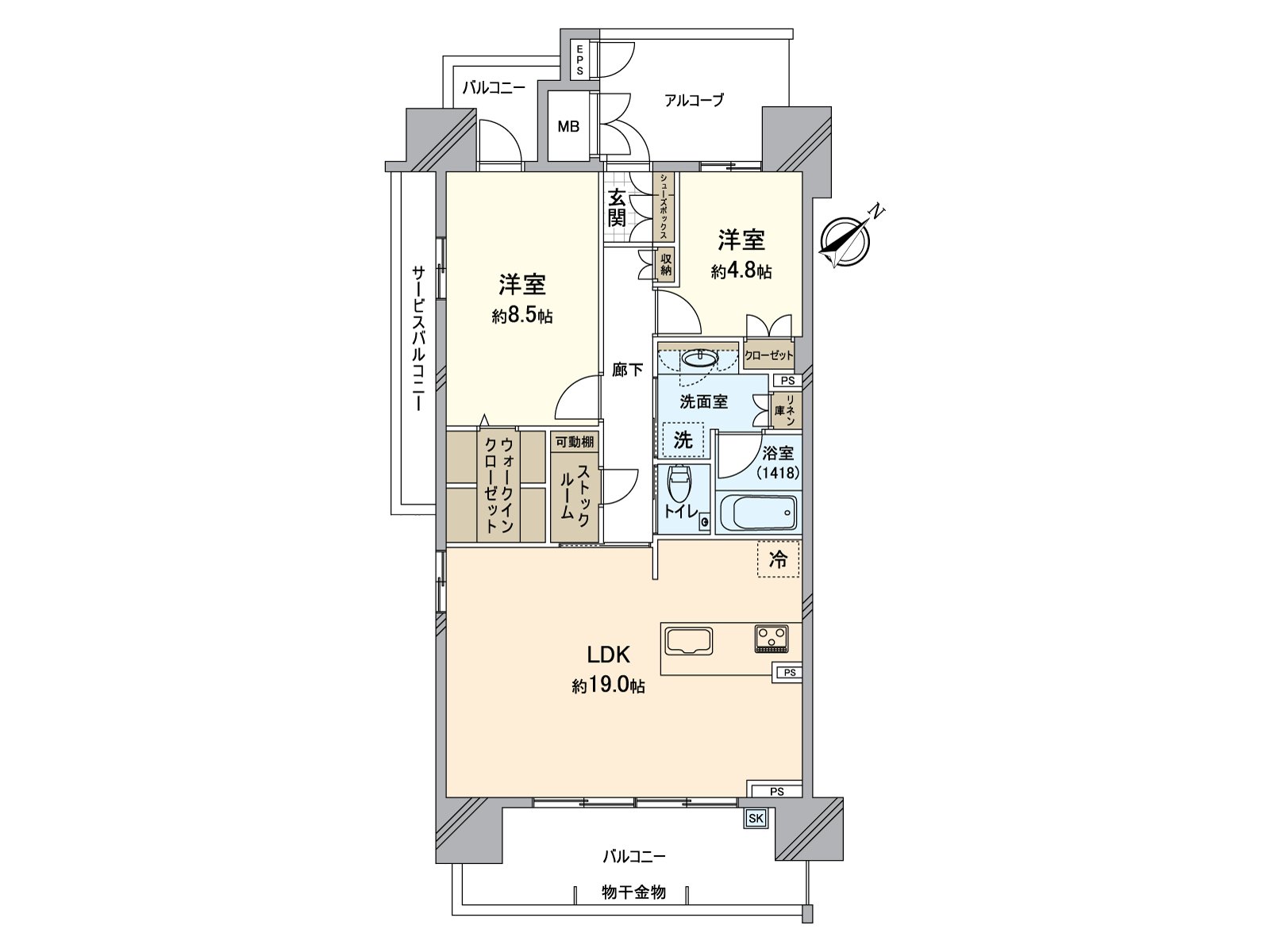 [房型图]步入式衣帽间收纳丰富的2LDK。