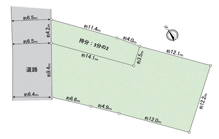 是表示用地全体的形状的区划图。能确认与邻地的距离感以及接壤道路情况。