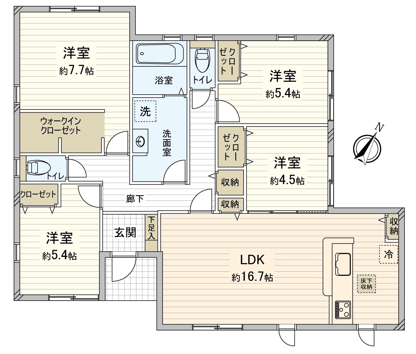 约16.7张塌塌米房型宽敞的LDK，厨房一边在开放式看家族的样子，一边，能进行工作，家族的会话扩大。有2个地方厕所，也早晨的高峰时间以及来客时放心。各居室有存储空间
