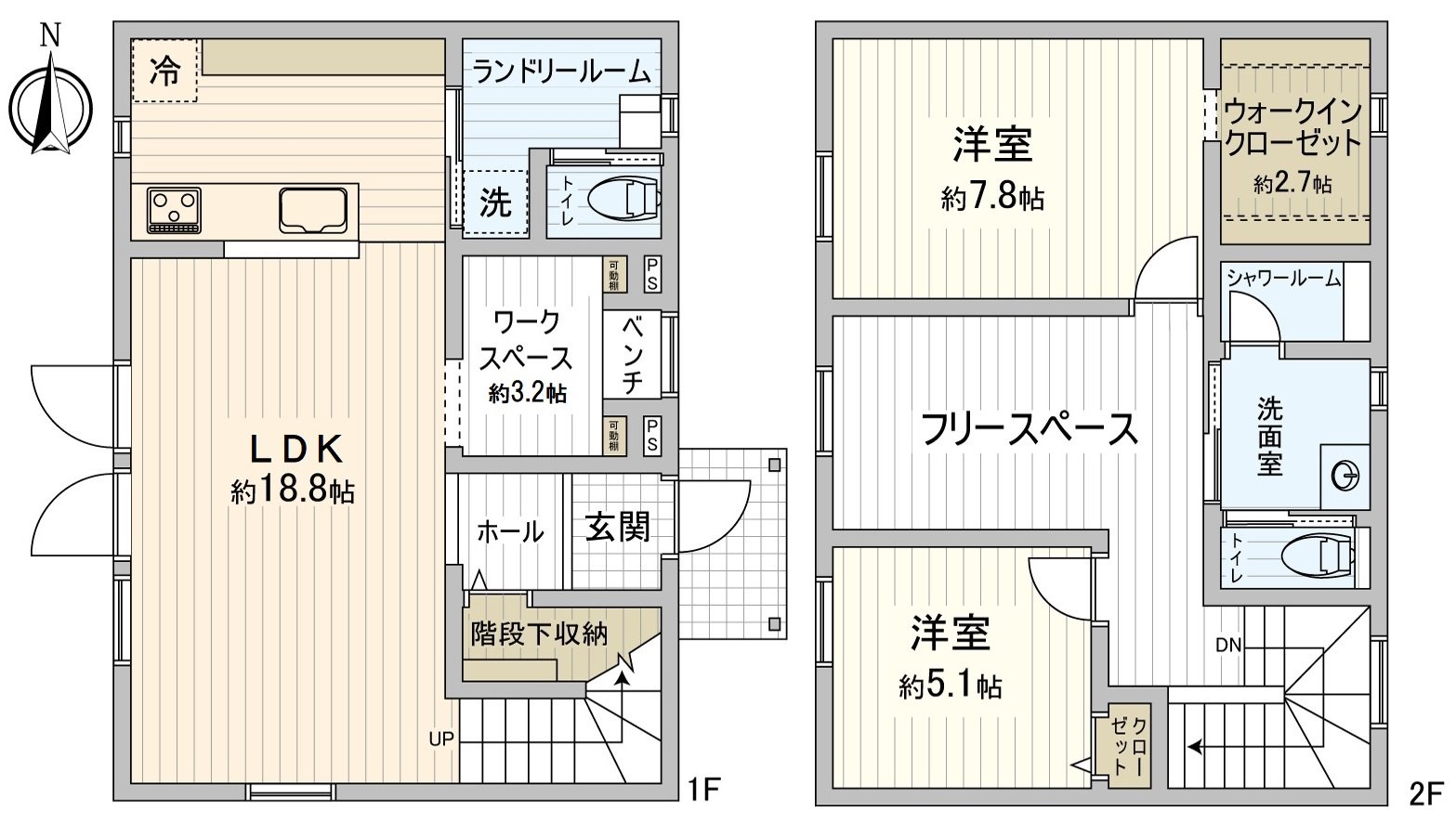 [平面圖]約18.8張塌塌米客餐廳。是能隨意使用的空白豐富的房型。