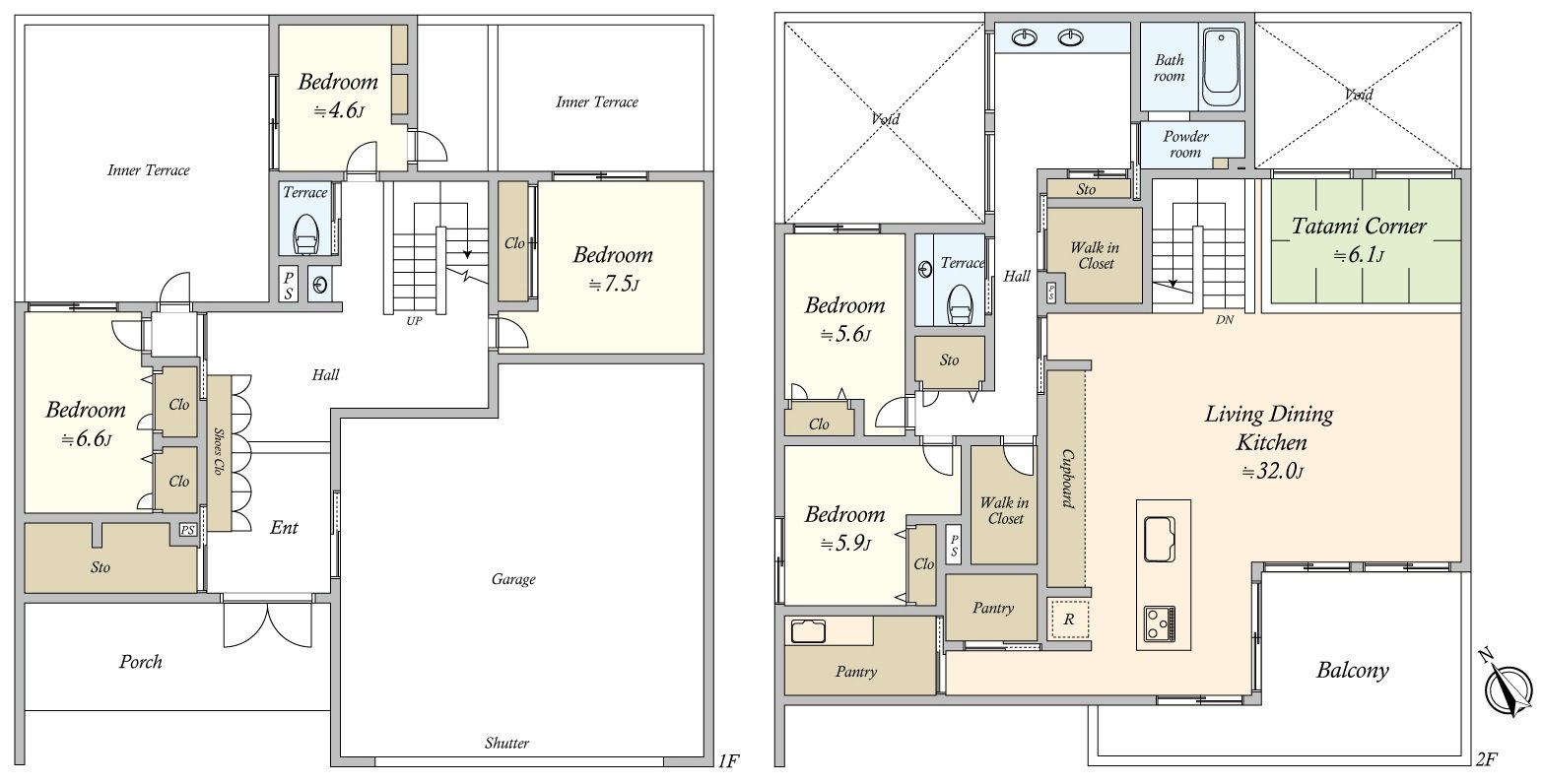 房型图土地面积：346.18平米(约104.71坪)建筑面积：界内车库有两个三个258.68平米(约78.25坪)1楼西式房间+2楼西式房间的5LDK建造