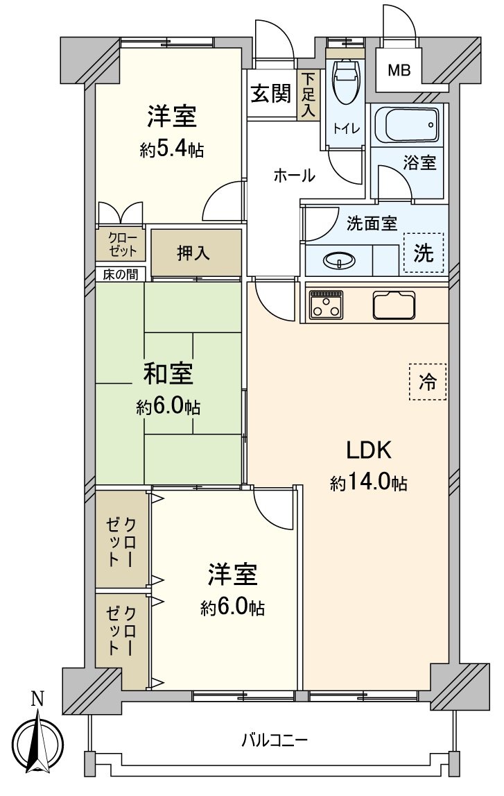 有平面圖西式房間2間+和式房間的3LDKLDK和和式房間繼續，是間隔，并且容易感到家族的樣子的一體感的版面設計。