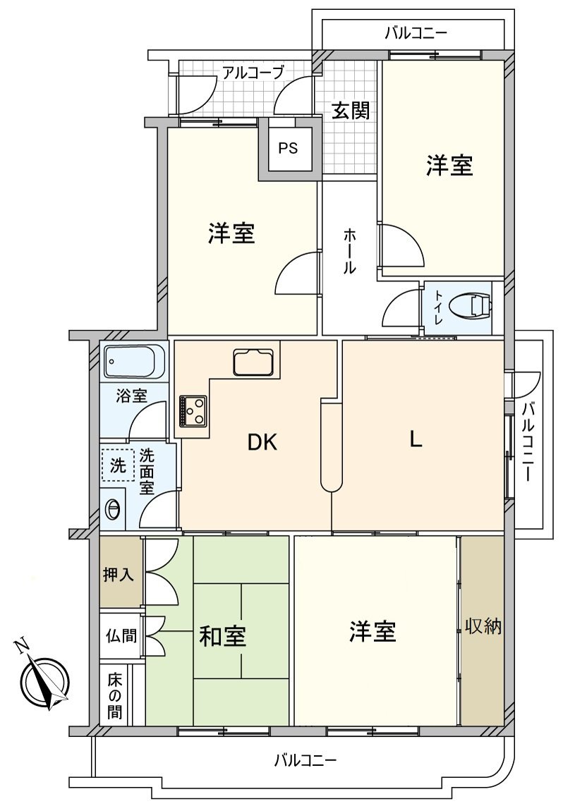 在一个三个4LDK光把从3方向插进去的边角房西式房间+日式房间，在家族构成以及生活方式合起来，灵活可以使用