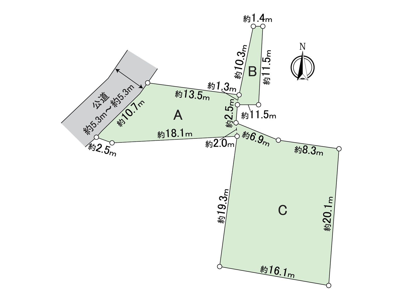 用地面積是A部分127.55平方公尺、B部分25.05平方公尺、C部分313.07平方公尺