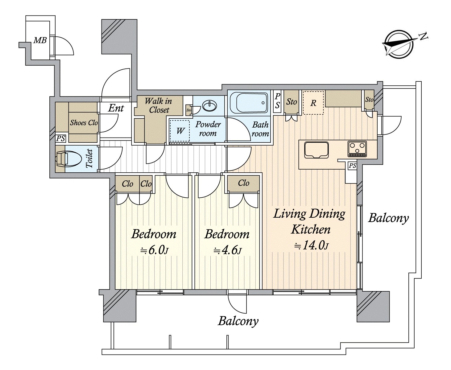 2LDK of 60.34 square meters of exclusive area. It is a Plan design with high versatility suitable for the couple who fixed the eyes on the future to live-alone. Because of Northeast corner unit, exposure to the sun and the view are good, too.