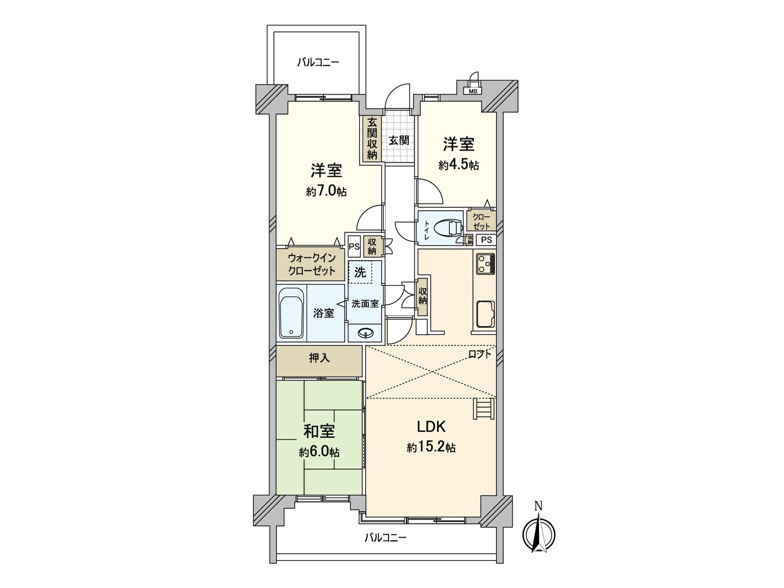 实际使用面积约75.07平米的3LDK！为南、北的两面派阳台，通风、阳光良好