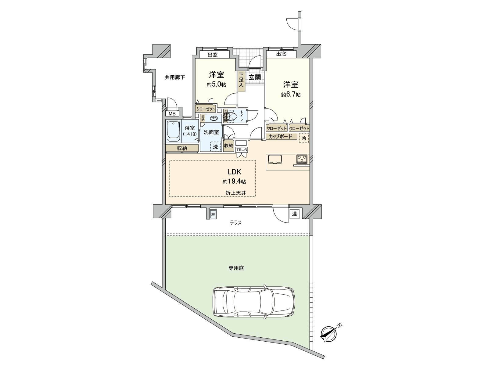 LDK is about 19.4 quires of spaciousness. It is the garden for exclusive use of about 48 square meters, exclusive Properties with Parking lot. There is not a dwelling unit, and the worry of the life sound is reduced downstairs.