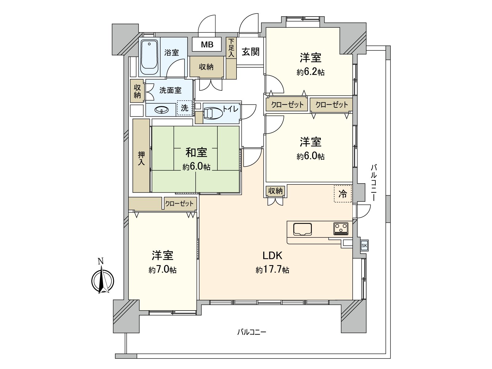 4LDK corner unit dwelling unit of exclusive area about 96.19 square meters.
