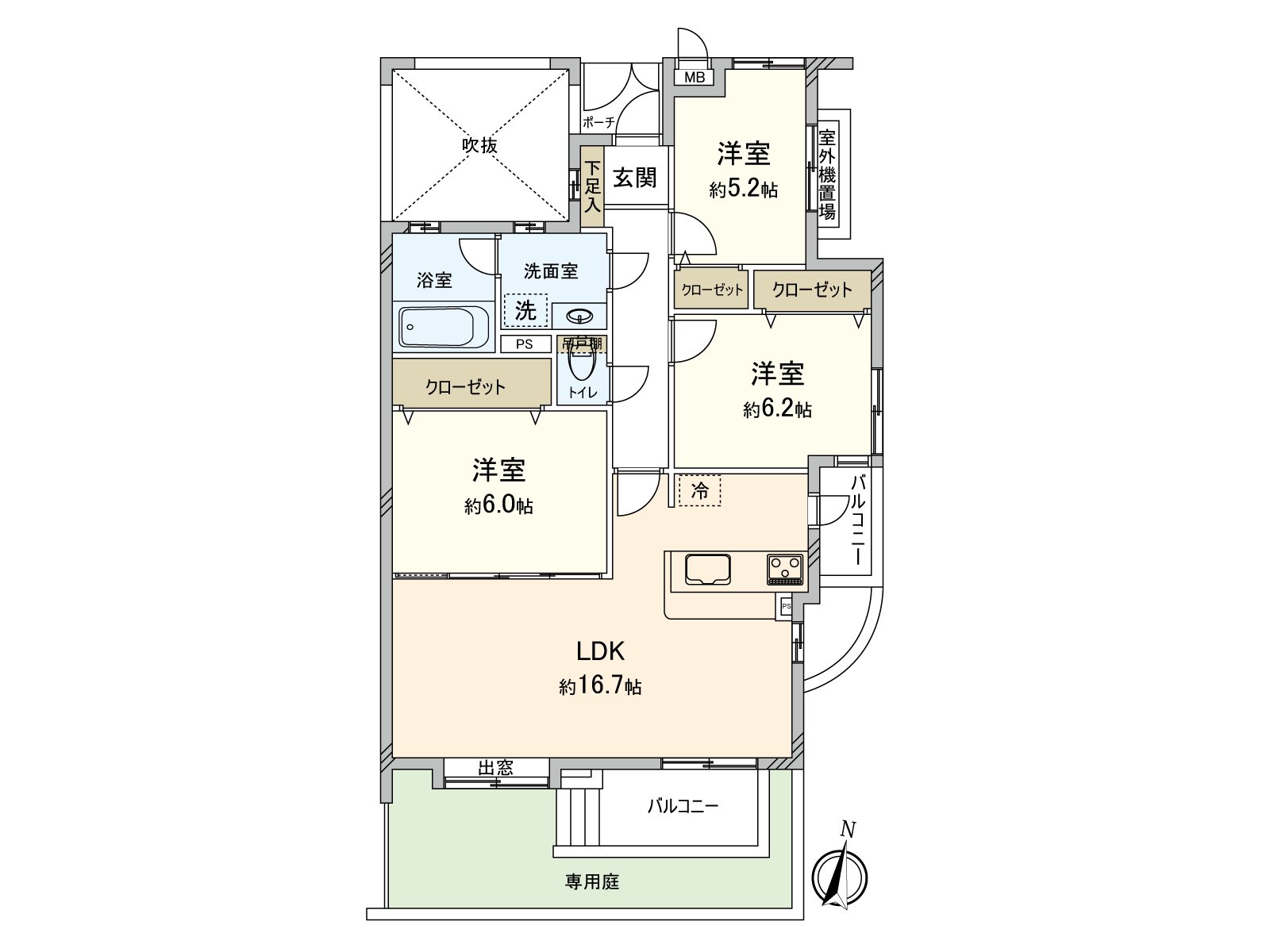 私人使用面積約77.4平方公尺的3LDK！兩面派采光，通風在採光房良好。
