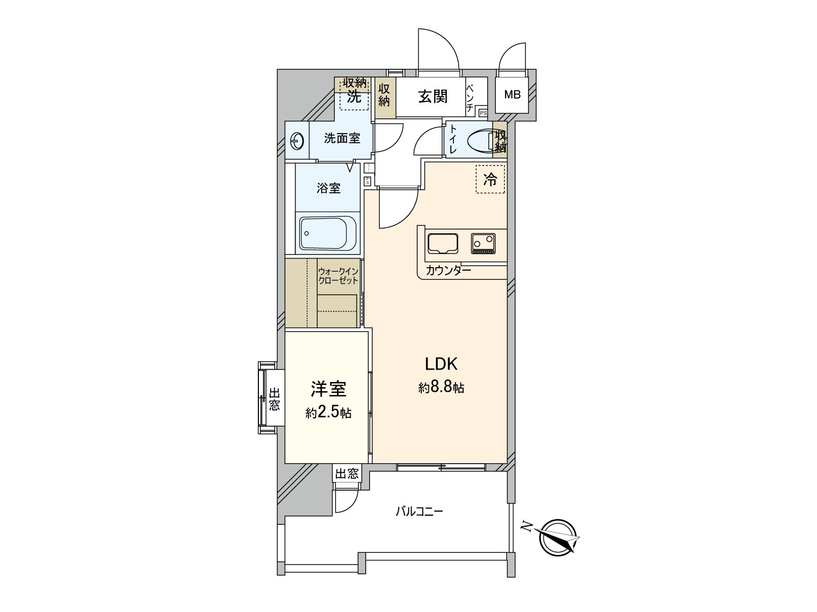 1LDK of about 30.18 square meters of exclusive area! It is gets plenty of sunlight in Southwest terrace, corner unit
