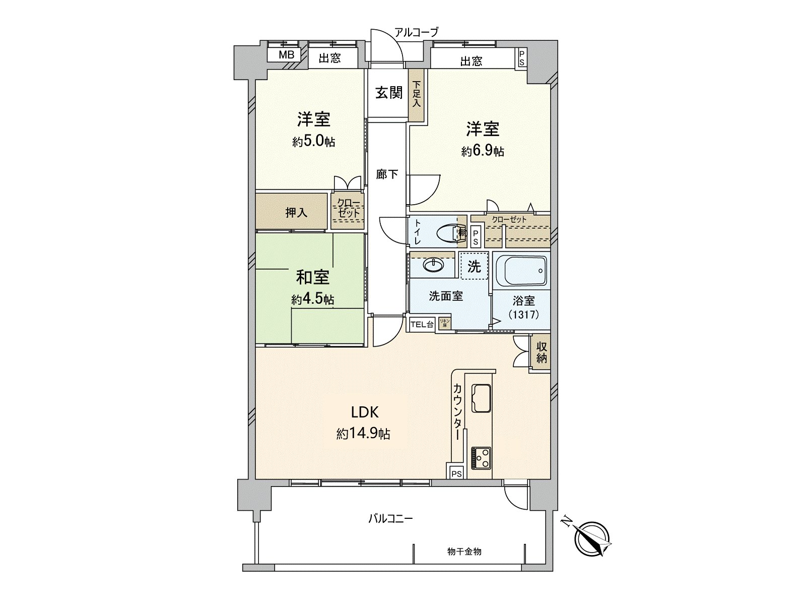 私人使用面積約69.58平方公尺的3LDK