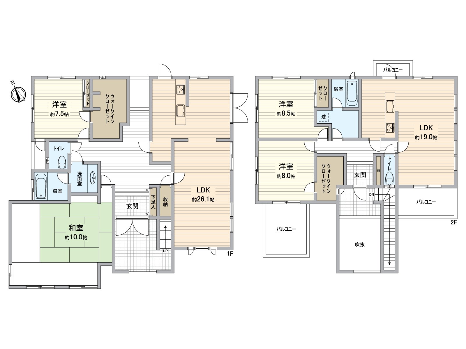 [平面圖]1樓26張塌塌米LDK和和式房間，2樓也有擁有LDK的2戶對應的舒適的房型。也有嵌入式衣櫃，收納也充實。
