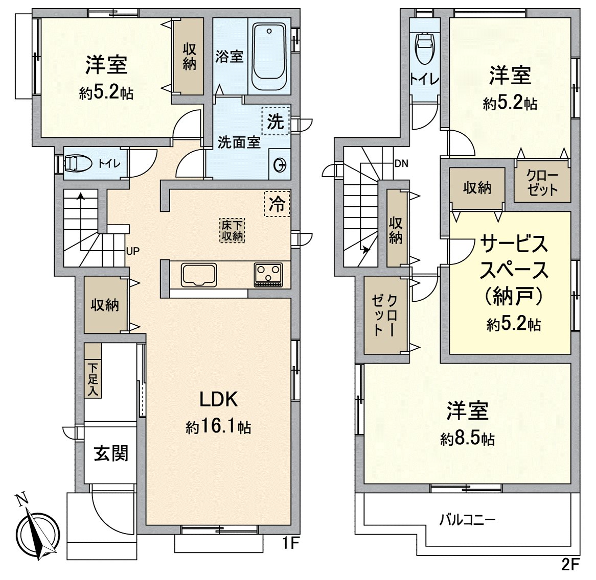 [平面圖]名鐵三河線"小垣江"車站步行12分鐘的新建房屋3SLDK。光照在長期卓越性住宅的朝南西良好。開放式廚房以及充實設備，收納豐富，并且可停車2台。請到負責隨便詢問詳細。