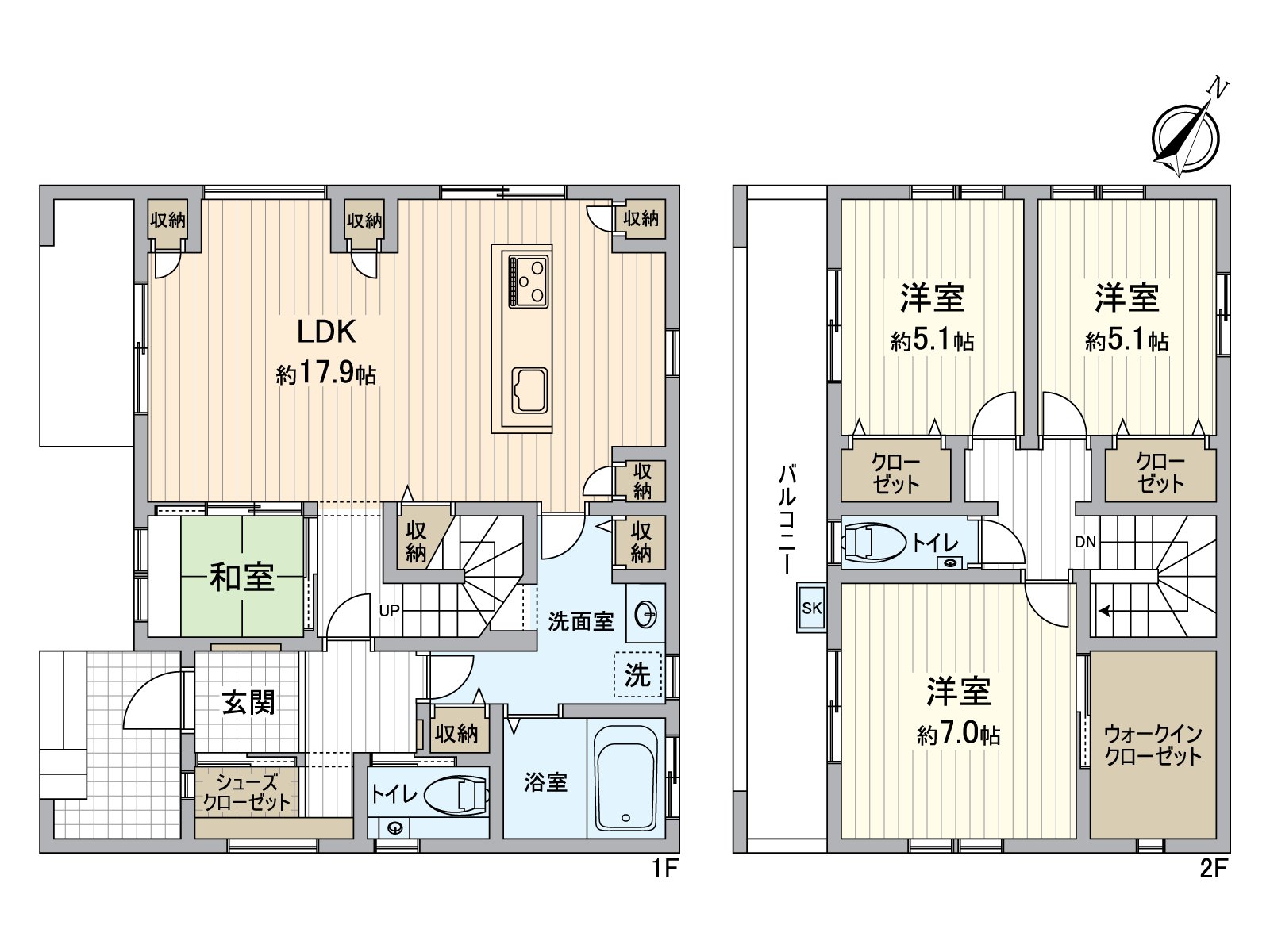 An island kitchen is installed in LDK about 17.9 quires. Large-capacity shoes closet and equipped with walk-in closet.