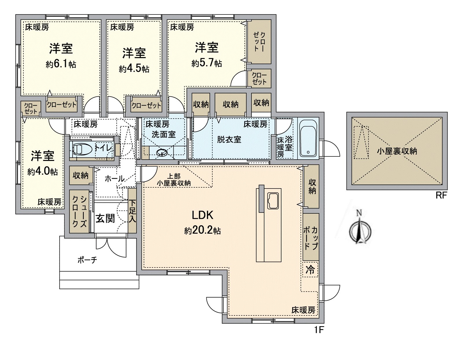 [平面圖]間取4LDK。有Island廚房，與家族的會話也興奮起來。在LDK，全居室，更衣室，浴室地板暖氣完備。