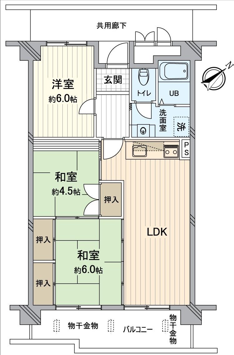 是房型图、3LDK的房间。有容易有效活用空间全体的墙在的厨房。一边注视客厅的样子，一边能工作。
