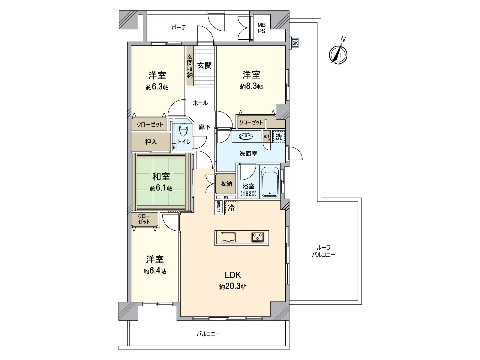 [floor plan] The Plan that 4LDK including the Japanese-style room is functional around a certain space LDK more than 20 quires. Each three Western-style rooms is the area that it is easy to use in six quires or more as a private room.