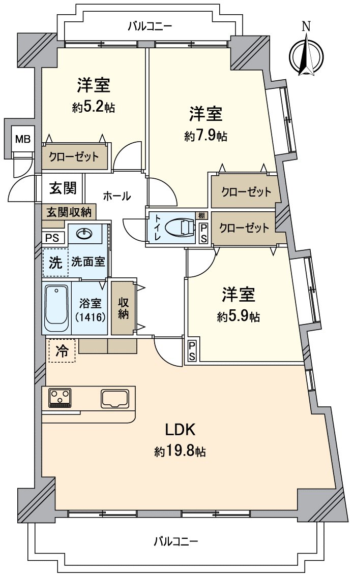 [平面圖]名鐵三河線"刈谷市"車站步行7分鐘，放心的管理的12樓採光房。適合南面的寬敞的LDK明亮地有所有房間收納，并且是通風良好度的容易使用的3LDK。