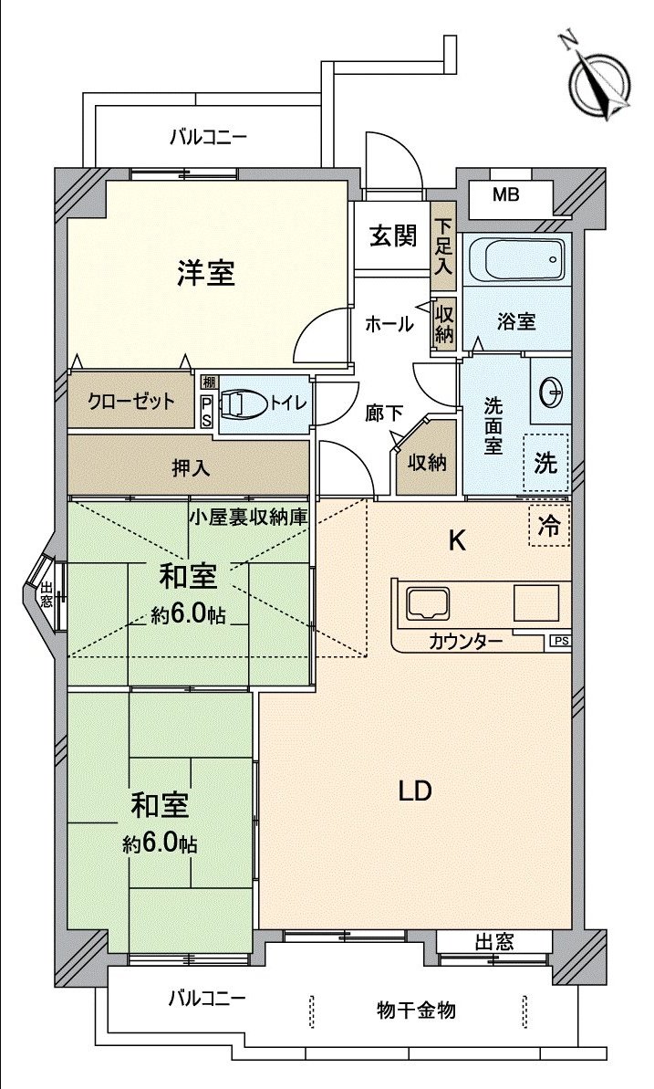 [平面圖]3個房間面向陽台的3LDK的房型。