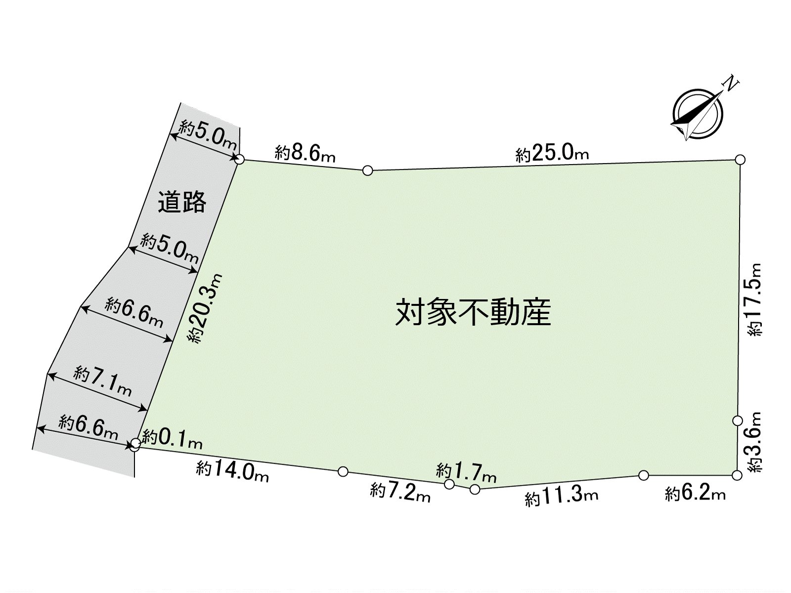 [地形图]土地面积：747.05平米(约225.98坪)前面道路接面：约20.3m道路幅员：约5.0m～约7.1m