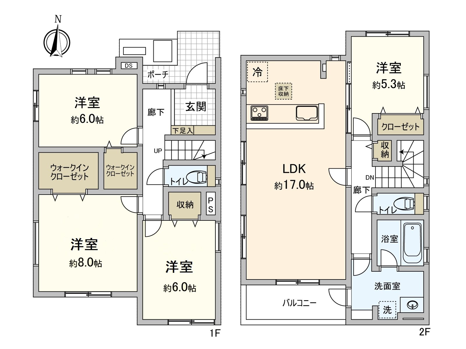 [平面圖]房間的建設的寬度擴展到的4LDK。是生活的變得主要的LDK以及在2樓設立水周圍的結構。